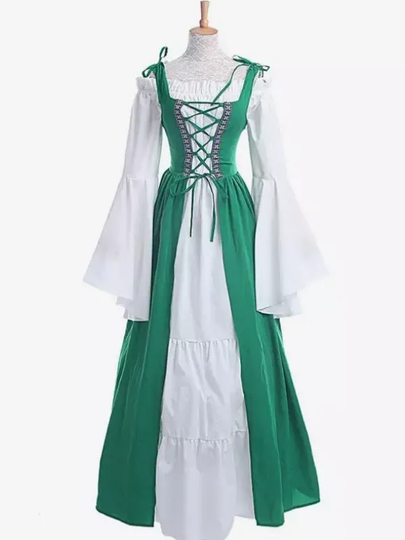 Robe Vintage Médiévale Rétro Verte Blanche Manches Longues Robe Costume Quotidien Cosplay Halloween Bourgogne