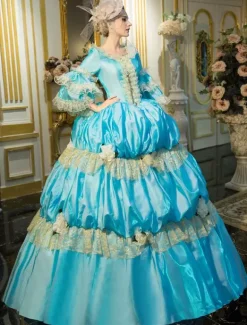 Robe Vintage Opéra Costume rétro bleu Rococo Tiered Bell manches princesse robe Déguisements Halloween