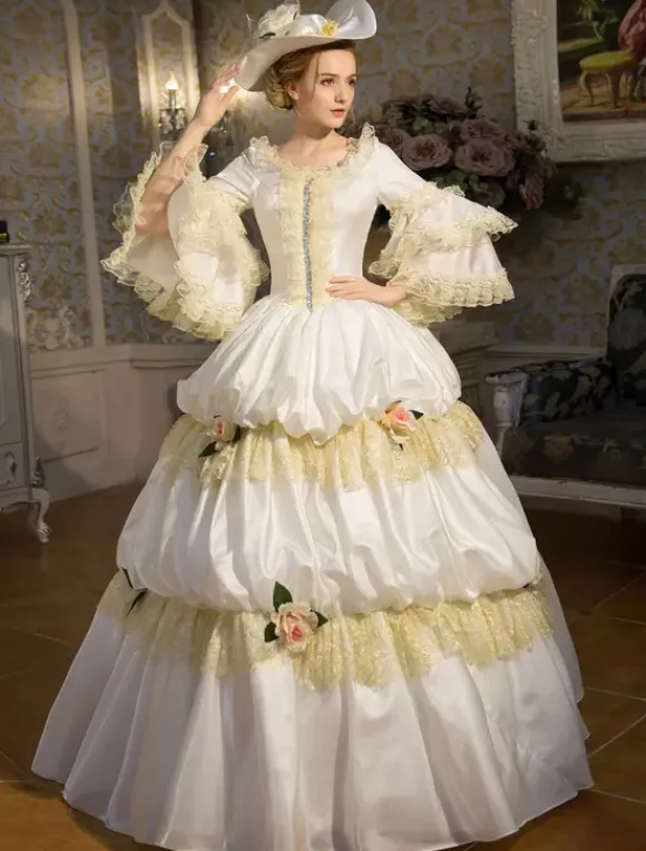 Robe Vintage Opéra Costume rétro bleu Rococo Tiered Bell manches princesse robe Déguisements Halloween