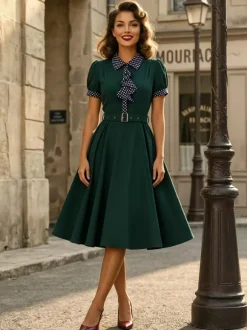 Robe vintage pour femme style années 1950 robe trapèze à pois col et n艙ud papillon robe midi idéale pour un tea party.