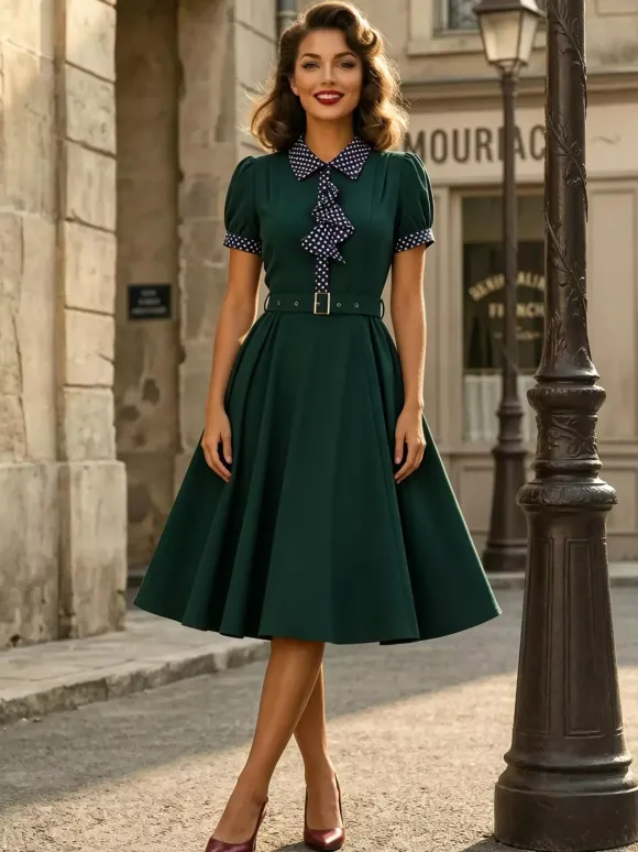 Robe vintage pour femme style années 1950 robe trapèze à pois col et n艙ud papillon robe midi idéale pour un tea party.