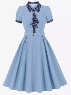 Robe vintage pour femme style années 1950 robe trapèze à pois col et n艙ud papillon robe midi idéale pour un tea party.