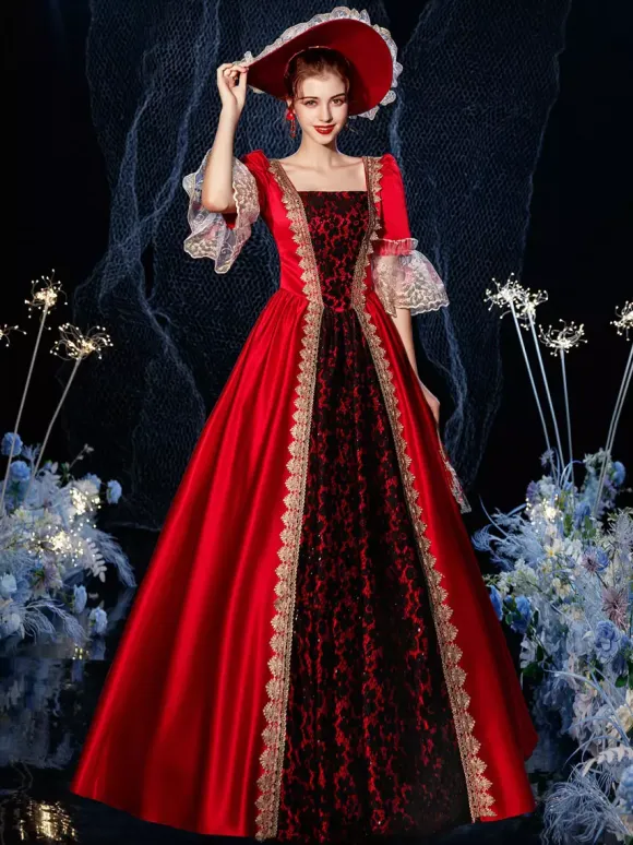 Robe Vintage Rococo Victorien Rétro Costume Opéra Dentelle Coton Cosplay Déguisement Carnaval Bourgogne
