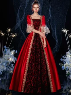 Robe Vintage Rococo Victorien Rétro Costume Opéra Dentelle Coton Cosplay Déguisement Carnaval Bourgogne
