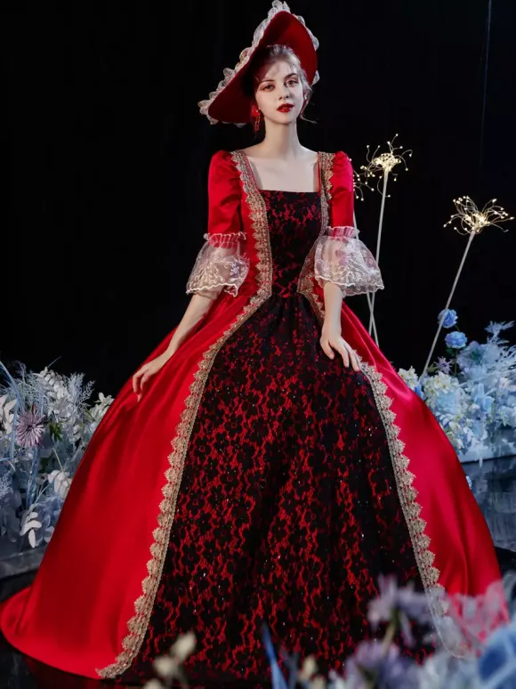 Robe Vintage Rococo Victorien Rétro Costume Opéra Dentelle Coton Cosplay Déguisement Carnaval Bourgogne