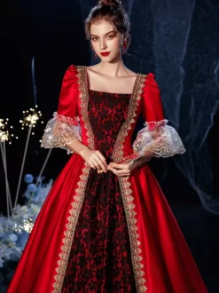 Robe Vintage Rococo Victorien Rétro Costume Opéra Dentelle Coton Cosplay Déguisement Carnaval Bourgogne