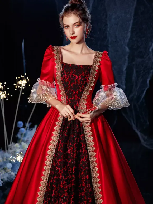 Robe Vintage Rococo Victorien Rétro Costume Opéra Dentelle Coton Cosplay Déguisement Carnaval Bourgogne