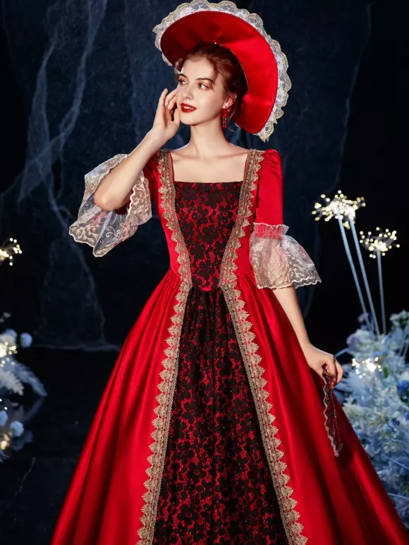 Robe Vintage Rococo Victorien Rétro Costume Opéra Dentelle Coton Cosplay Déguisement Carnaval Bourgogne
