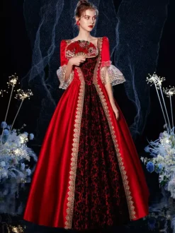 Robe Vintage Rococo Victorien Rétro Costume Opéra Dentelle Coton Cosplay Déguisement Carnaval Bourgogne
