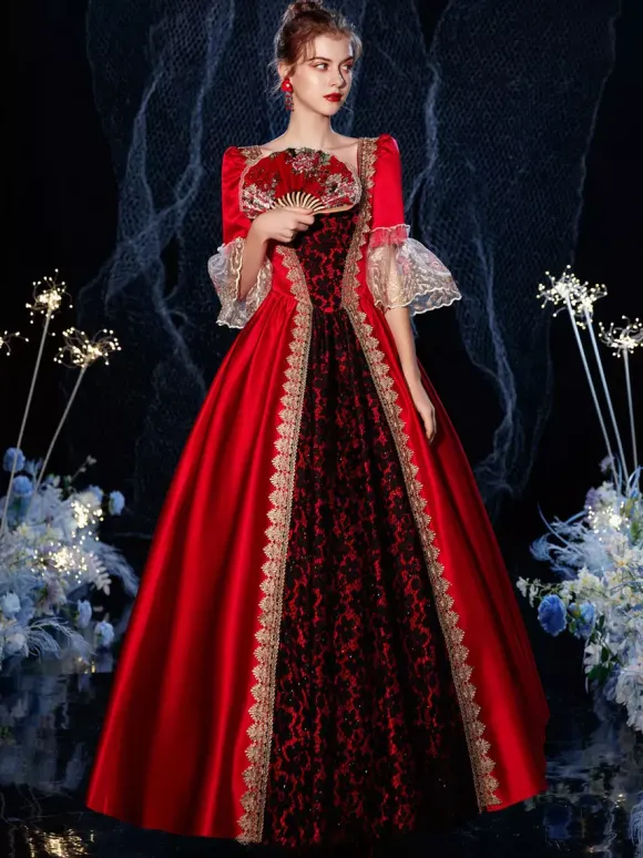 Robe Vintage Rococo Victorien Rétro Costume Opéra Dentelle Coton Cosplay Déguisement Carnaval Bourgogne