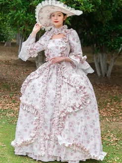 Robe Vintage Rose Rétro Costumes Volants Imprimé Fleuri Chapeau Marie Antoinette Femme Vintage Tunique 18ème Siècle Déguisement Médiéval