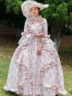 Robe Vintage Rose Rétro Costumes Volants Imprimé Fleuri Chapeau Marie Antoinette Femme Vintage Tunique 18ème Siècle Déguisement Médiéval