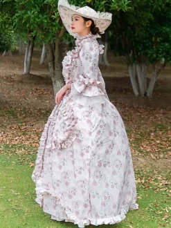 Robe Vintage Rose Rétro Costumes Volants Imprimé Fleuri Chapeau Marie Antoinette Femme Vintage Tunique 18ème Siècle Déguisement Médiéval