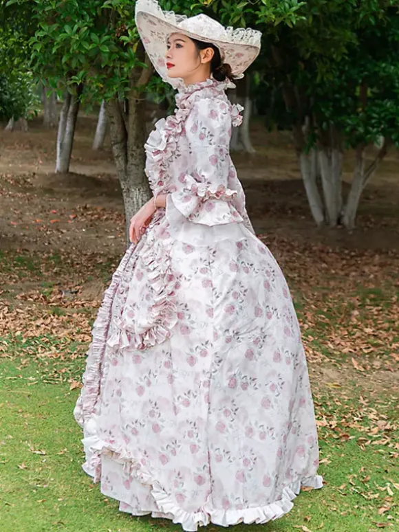 Robe Vintage Rose Rétro Costumes Volants Imprimé Fleuri Chapeau Marie Antoinette Femme Vintage Tunique 18ème Siècle Déguisement Médiéval