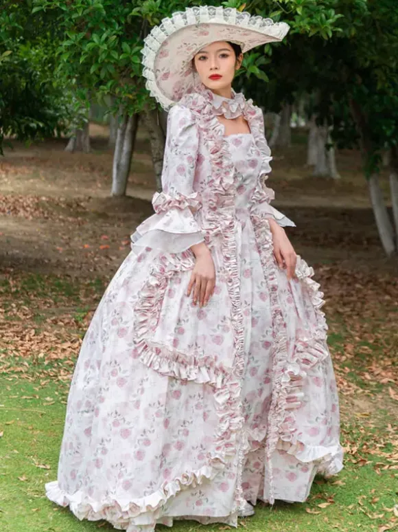 Robe Vintage Rose Rétro Costumes Volants Imprimé Fleuri Chapeau Marie Antoinette Femme Vintage Tunique 18ème Siècle Déguisement Médiéval