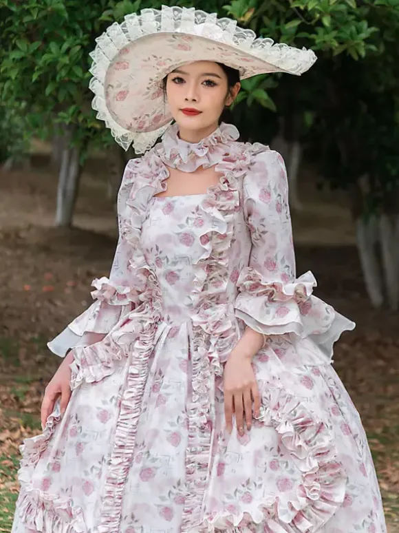Robe Vintage Rose Rétro Costumes Volants Imprimé Fleuri Chapeau Marie Antoinette Femme Vintage Tunique 18ème Siècle Déguisement Médiéval