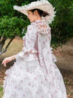 Robe Vintage Rose Rétro Costumes Volants Imprimé Fleuri Chapeau Marie Antoinette Femme Vintage Tunique 18ème Siècle Déguisement Médiéval