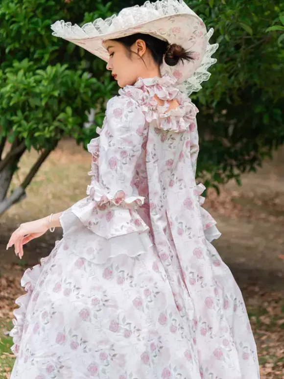 Robe Vintage Rose Rétro Costumes Volants Imprimé Fleuri Chapeau Marie Antoinette Femme Vintage Tunique 18ème Siècle Déguisement Médiéval