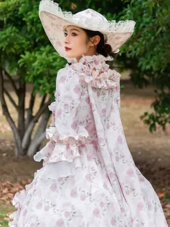 Robe Vintage Rose Rétro Costumes Volants Imprimé Fleuri Chapeau Marie Antoinette Femme Vintage Tunique 18ème Siècle Déguisement Médiéval