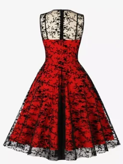 Robe vintage Rouge Sheer Années 1950 Audrey Hepburn Style Brodé Sans Manches Robe Rockabilly