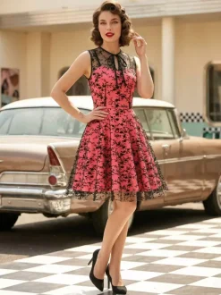Robe vintage Rouge Sheer Années 1950 Audrey Hepburn Style Brodé Sans Manches Robe Rockabilly