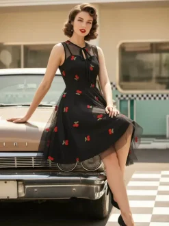 Robe vintage Rouge Sheer Années 1950 Audrey Hepburn Style Brodé Sans Manches Robe Rockabilly