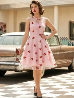 Robe vintage Rouge Sheer Années 1950 Audrey Hepburn Style Brodé Sans Manches Robe Rockabilly