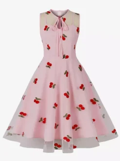 Robe vintage Rouge Sheer Années 1950 Audrey Hepburn Style Brodé Sans Manches Robe Rockabilly