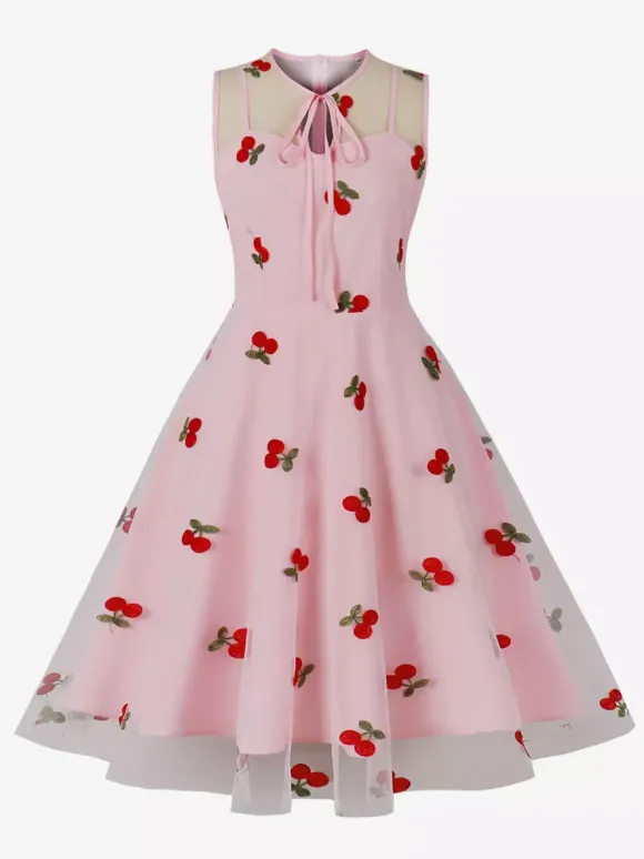 Robe vintage Rouge Sheer Années 1950 Audrey Hepburn Style Brodé Sans Manches Robe Rockabilly
