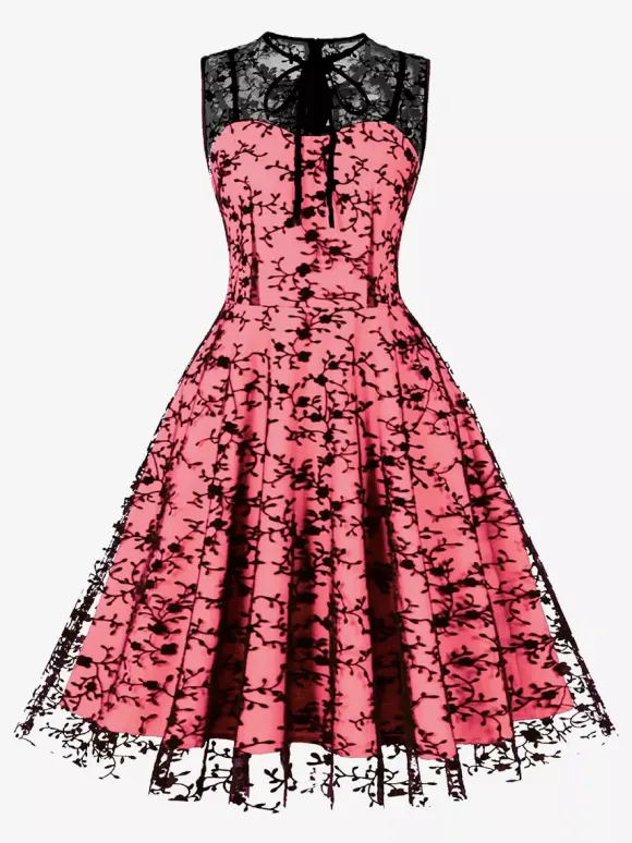 Robe vintage Rouge Sheer Années 1950 Audrey Hepburn Style Brodé Sans Manches Robe Rockabilly