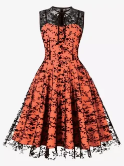 Robe vintage Rouge Sheer Années 1950 Audrey Hepburn Style Brodé Sans Manches Robe Rockabilly