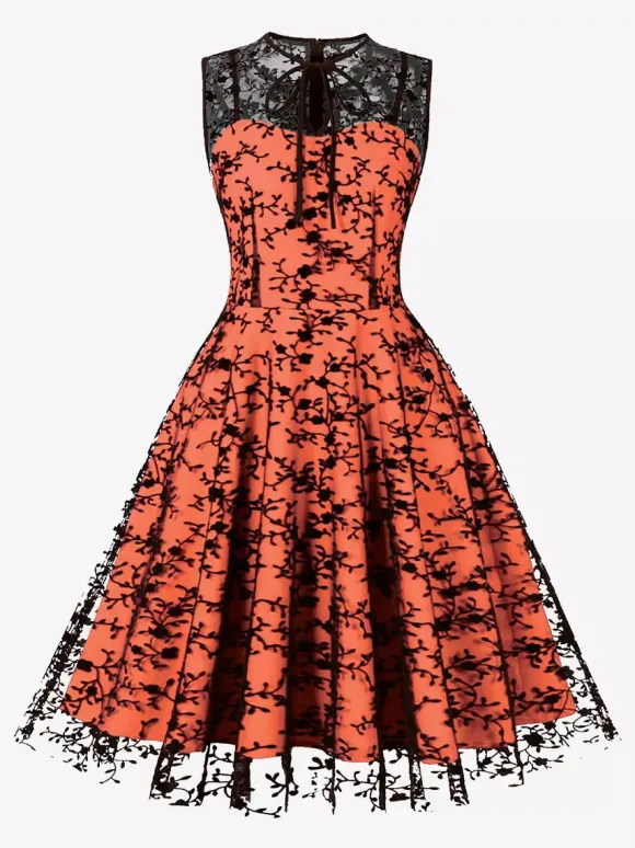 Robe vintage Rouge Sheer Années 1950 Audrey Hepburn Style Brodé Sans Manches Robe Rockabilly
