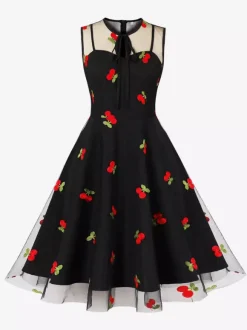Robe vintage Rouge Sheer Années 1950 Audrey Hepburn Style Brodé Sans Manches Robe Rockabilly