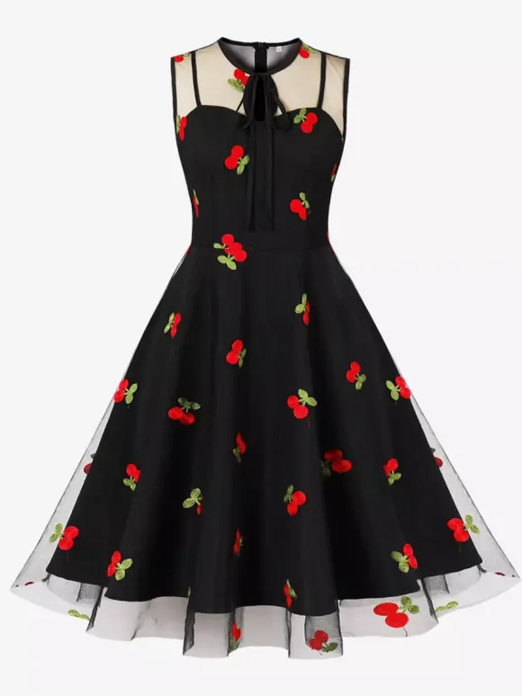Robe vintage Rouge Sheer Années 1950 Audrey Hepburn Style Brodé Sans Manches Robe Rockabilly