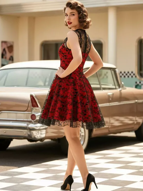 Robe vintage Rouge Sheer Années 1950 Audrey Hepburn Style Brodé Sans Manches Robe Rockabilly
