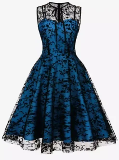 Robe vintage Rouge Sheer Années 1950 Audrey Hepburn Style Brodé Sans Manches Robe Rockabilly