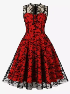 Robe vintage Rouge Sheer Années 1950 Audrey Hepburn Style Brodé Sans Manches Robe Rockabilly
