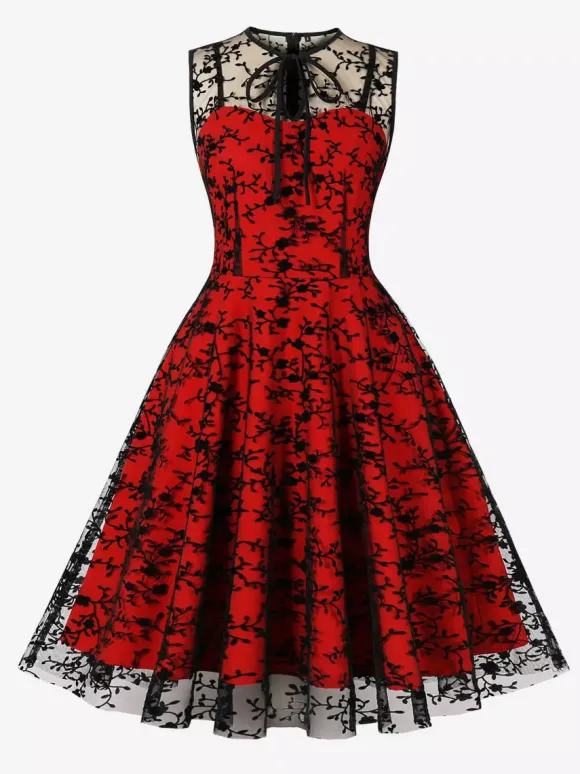 Robe vintage Rouge Sheer Années 1950 Audrey Hepburn Style Brodé Sans Manches Robe Rockabilly