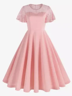 Robe vintage style années 50 col rond en dentelle manches courtes taille M bordeaux coupe trapèze
