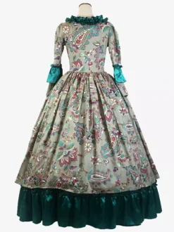 Robe Vintage Vert Rétro Costumes Volants Imprimé Fleuri Femme Marie Antoinette Costume Rétro Tunique Fête Robe De Bal Déguisement Médiéval