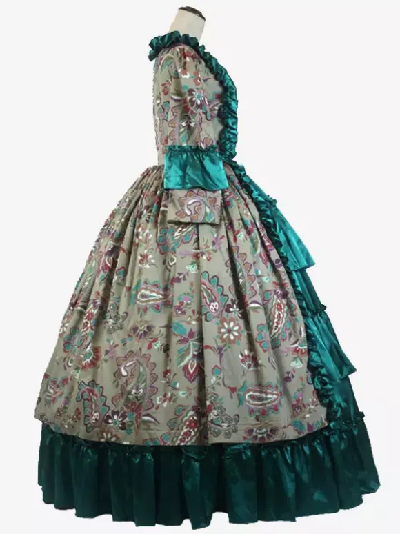 Robe Vintage Vert Rétro Costumes Volants Imprimé Fleuri Femme Marie Antoinette Costume Rétro Tunique Fête Robe De Bal Déguisement Médiéval
