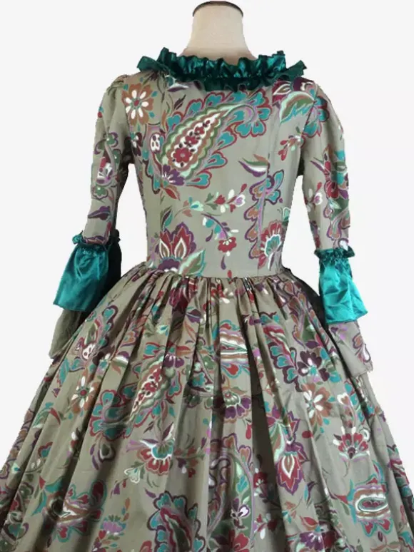 Robe Vintage Vert Rétro Costumes Volants Imprimé Fleuri Femme Marie Antoinette Costume Rétro Tunique Fête Robe De Bal Déguisement Médiéval