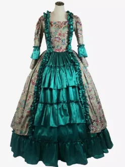 Robe Vintage Vert Rétro Costumes Volants Imprimé Fleuri Femme Marie Antoinette Costume Rétro Tunique Fête Robe De Bal Déguisement Médiéval