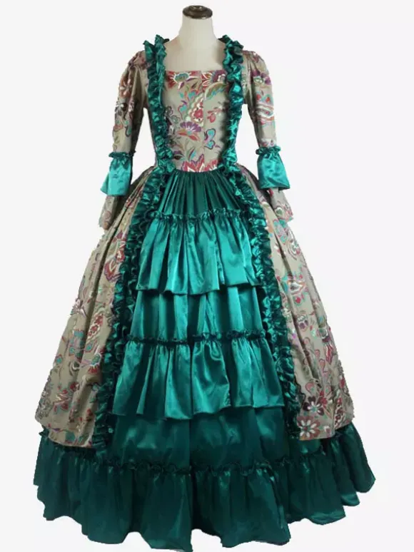 Robe Vintage Vert Rétro Costumes Volants Imprimé Fleuri Femme Marie Antoinette Costume Rétro Tunique Fête Robe De Bal Déguisement Médiéval