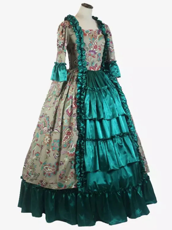 Robe Vintage Vert Rétro Costumes Volants Imprimé Fleuri Femme Marie Antoinette Costume Rétro Tunique Fête Robe De Bal Déguisement Médiéval