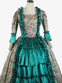 Robe Vintage Vert Rétro Costumes Volants Imprimé Fleuri Femme Marie Antoinette Costume Rétro Tunique Fête Robe De Bal Déguisement Médiéval