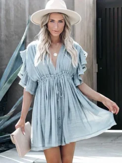 Robe babydoll mini bohème chic pour femme - Manches à volants col en V boutons sur le devant - Collection été plage 2026