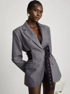 Robe blazer courte pour femme à revers cranté ceinture à rivets et taille cintrée