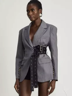 Robe blazer courte pour femme à revers cranté ceinture à rivets et taille cintrée
