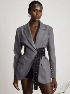 Robe blazer courte pour femme à revers cranté ceinture à rivets et taille cintrée